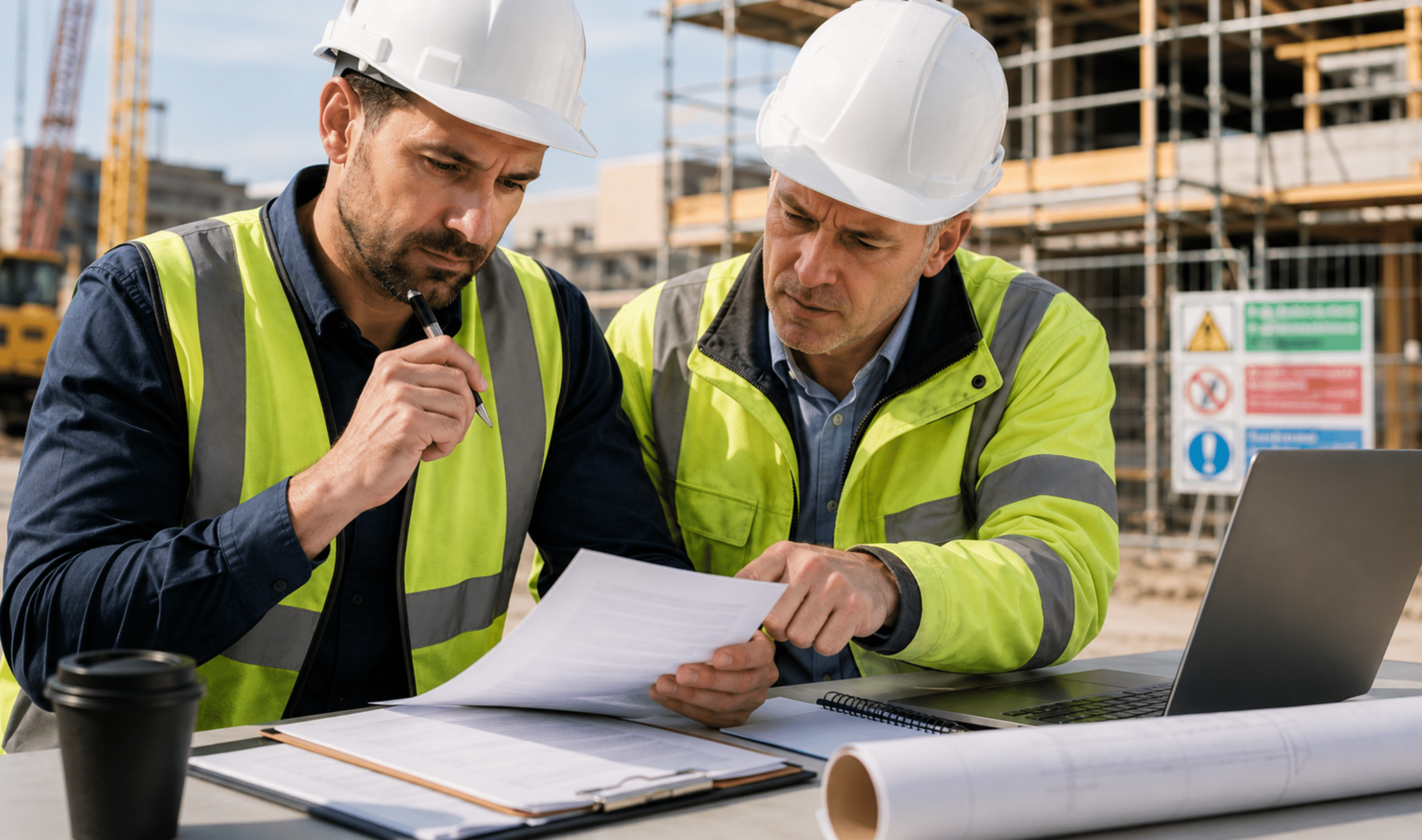 Builder reviewing insurance requirements in a commercial head contract before signing