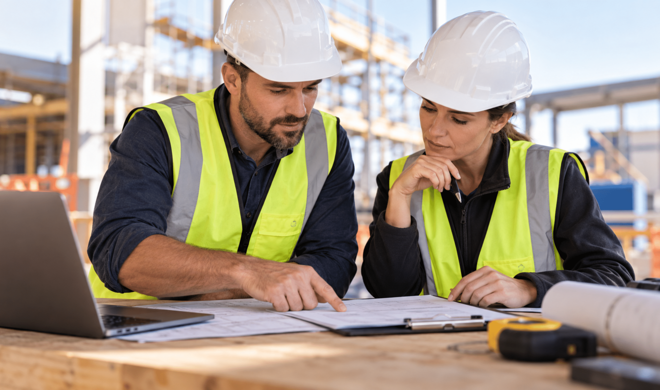 Commercial builders reviewing plans during an insurance review