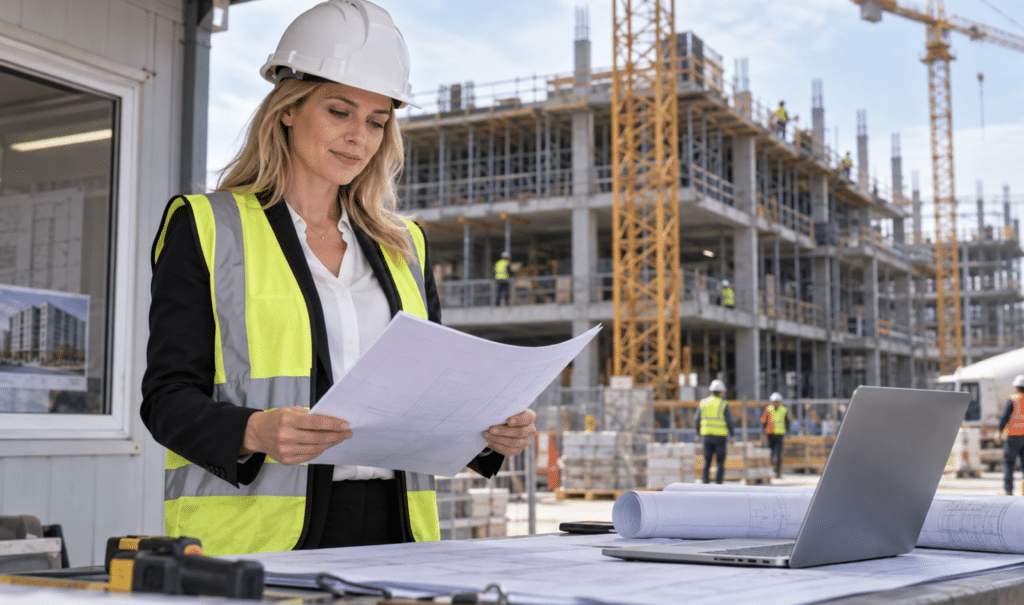 Commercial builder reviewing tender documents on a large construction project.