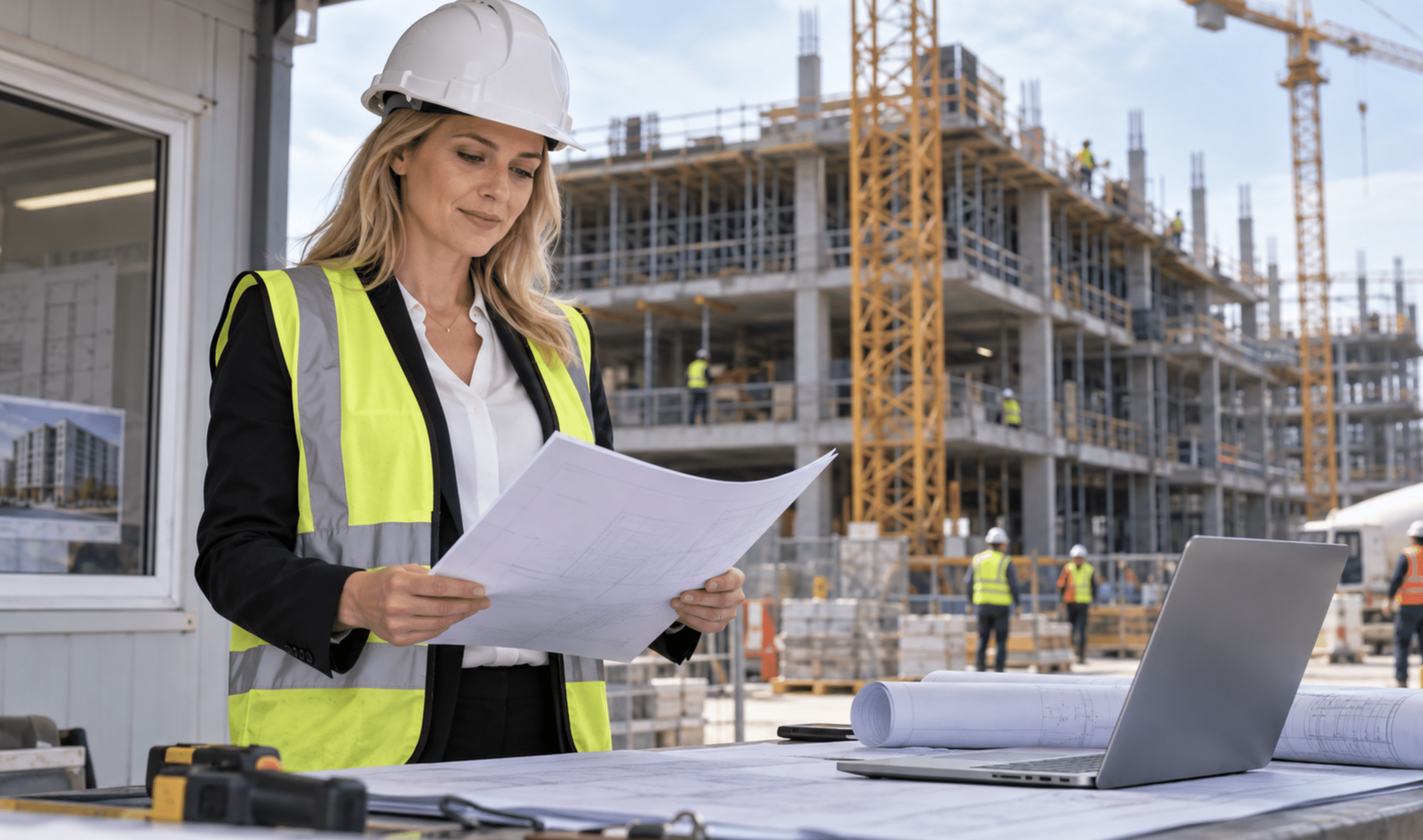 Commercial builder reviewing tender documents on a large construction project.