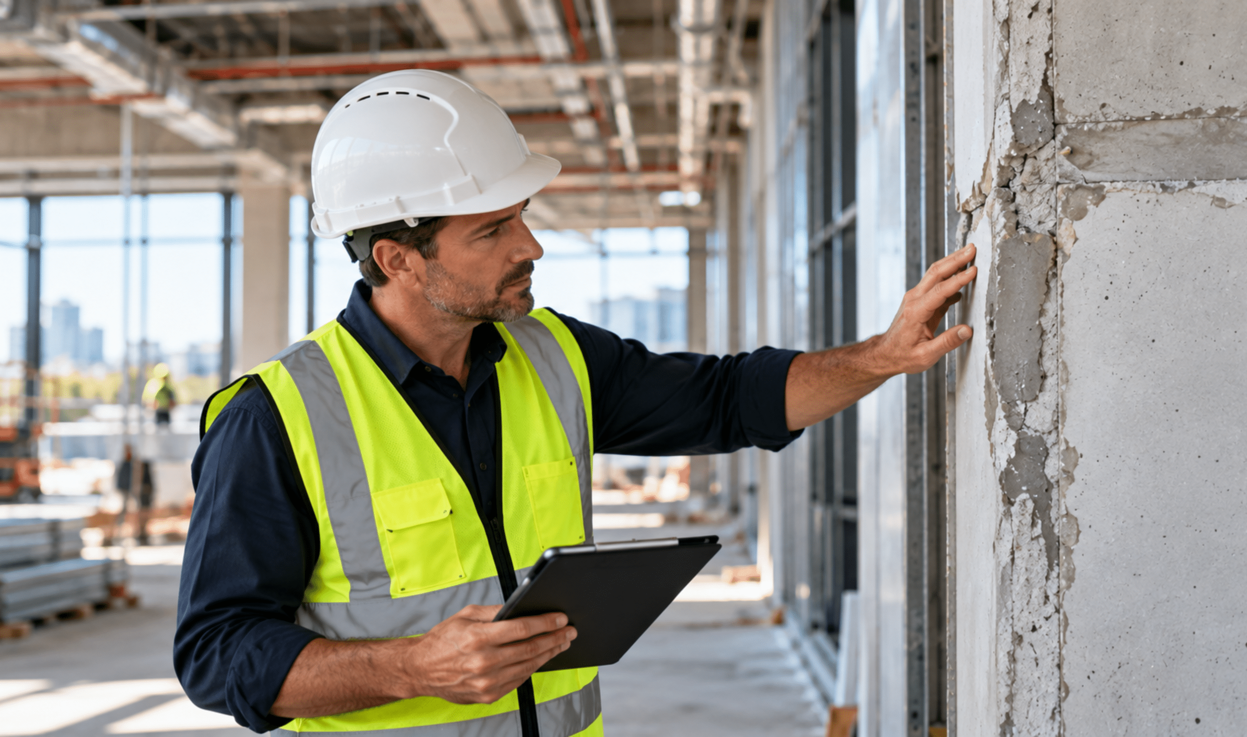 Commercial builder inspecting defective workmanship on a construction site